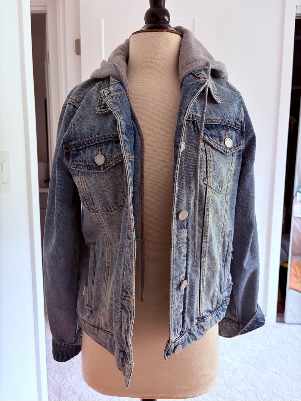 Blank NYC Blue Denim Jean Jacket with Gray Hoodie Liner